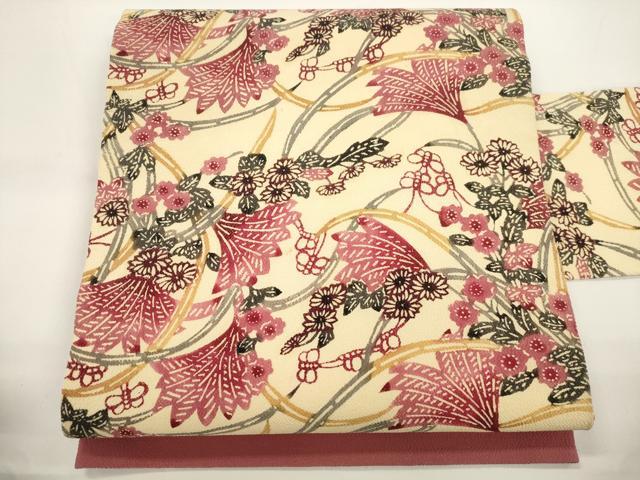 平和屋着物●九寸名古屋帯　型染め　草花文　鬼しぼ縮緬　正絹　逸品　CABJ9293dy