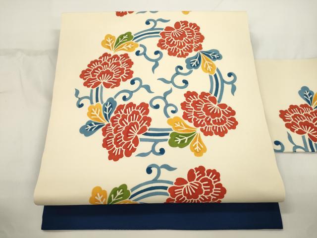 平和屋着物●全通柄九寸名古屋帯　型染め　花唐草丸文　正絹　逸品　CABJ9294dy