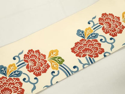 平和屋着物●全通柄九寸名古屋帯　型染め　花唐草丸文　正絹　逸品　CABJ9294dy
