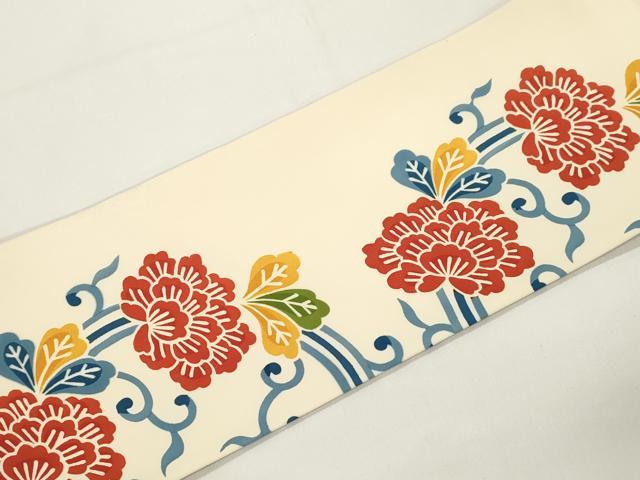 平和屋着物●全通柄九寸名古屋帯　型染め　花唐草丸文　正絹　逸品　CABJ9294dy