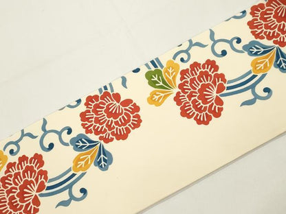 平和屋着物●全通柄九寸名古屋帯　型染め　花唐草丸文　正絹　逸品　CABJ9294dy