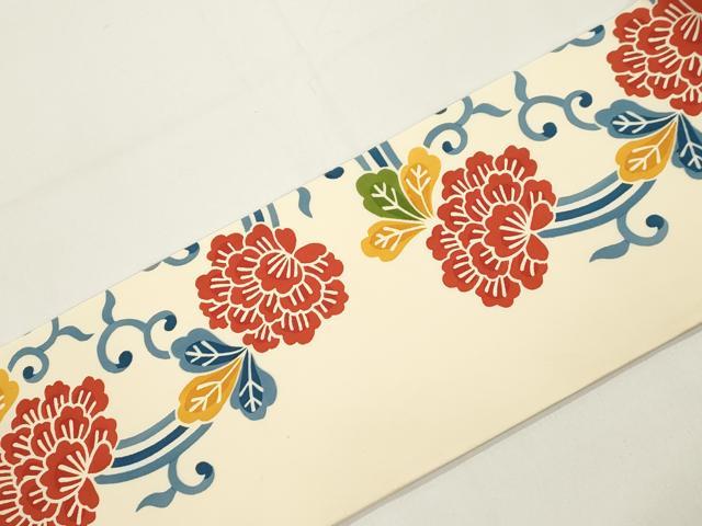 平和屋着物●全通柄九寸名古屋帯　型染め　花唐草丸文　正絹　逸品　CABJ9294dy