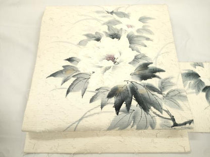 平和屋着物●九寸名古屋帯　作家物　髭紬　手描き　草花文　金彩　正絹　逸品　CABJ9303dy