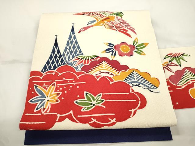 平和屋着物●本場琉球紅型　九寸名古屋帯　松竹梅飛鳥文　鬼しぼ縮緬　正絹　逸品　CABJ9304dy
