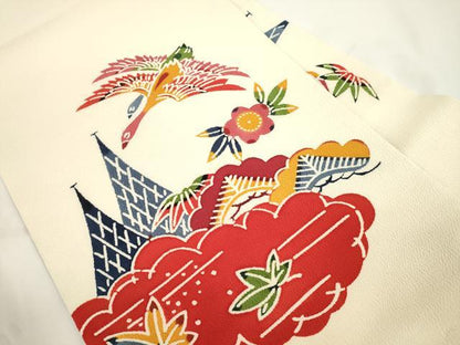 平和屋着物●本場琉球紅型　九寸名古屋帯　松竹梅飛鳥文　鬼しぼ縮緬　正絹　逸品　CABJ9304dy