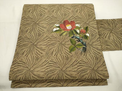 平和屋着物●九寸名古屋帯　手描き　草花文　正絹　逸品　CABJ9306dy