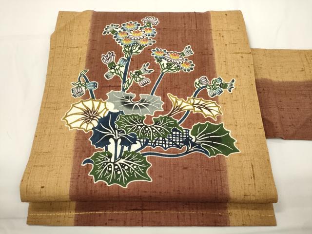 平和屋着物●本場琉球紅型　琉球びんがた　知念紅型研究所　知念貞男　九寸名古屋帯　紬地　風景文　正絹　逸品　CABJ9307dy