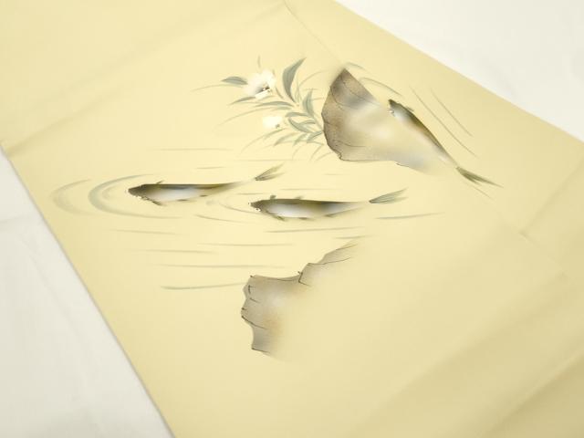 平和屋着物●塩瀬　九寸名古屋帯　手描き　魚　金彩　正絹　逸品　CABJ9314dy