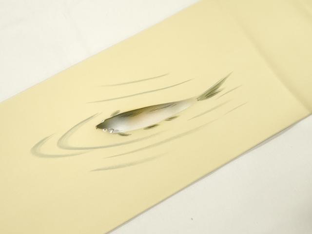 平和屋着物●塩瀬　九寸名古屋帯　手描き　魚　金彩　正絹　逸品　CABJ9314dy