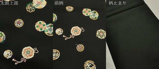 平和屋着物●世界的友禅作家　千地泰弘　六通柄袋帯　唐織　飛鶴草花丸文　黒地　金銀糸　正絹　逸品　CABJ9329dy