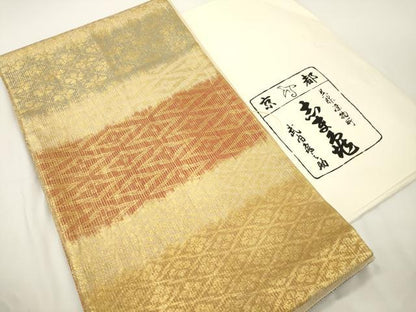 平和屋着物●銀座　志ま亀　六通柄袋帯　幾何学花文　金彩　たとう紙付き　正絹　逸品　CABJ9332dy