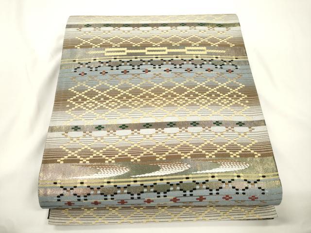 平和屋着物●両面　六通柄袋帯　花織　横段文　金糸　正絹　逸品　未使用　CABJ9338dy