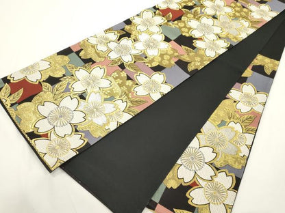 平和屋着物●六通柄袋帯　舞花文　黒地　金銀糸　正絹　逸品　CABJ9354dy