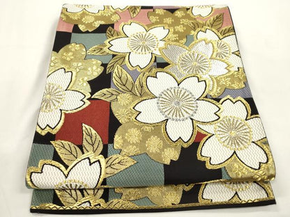 平和屋着物●六通柄袋帯　舞花文　黒地　金銀糸　正絹　逸品　CABJ9354dy
