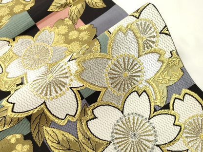 平和屋着物●六通柄袋帯　舞花文　黒地　金銀糸　正絹　逸品　CABJ9354dy