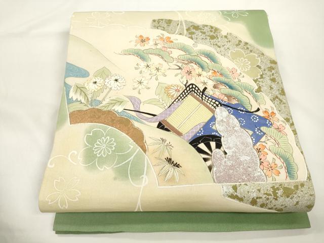 平和屋着物●アンティーク　大正ロマン　丸帯　引き抜き帯　手描き　刺繍　雲取り御所車花文　金銀彩　正絹　逸品　CABJ9356dy