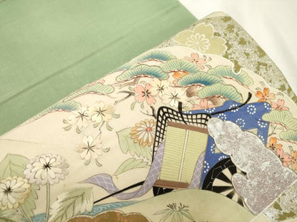 平和屋着物●アンティーク　大正ロマン　丸帯　引き抜き帯　手描き　刺繍　雲取り御所車花文　金銀彩　正絹　逸品　CABJ9356dy