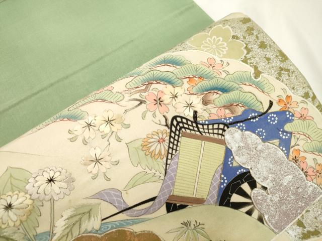 平和屋着物●アンティーク　大正ロマン　丸帯　引き抜き帯　手描き　刺繍　雲取り御所車花文　金銀彩　正絹　逸品　CABJ9356dy