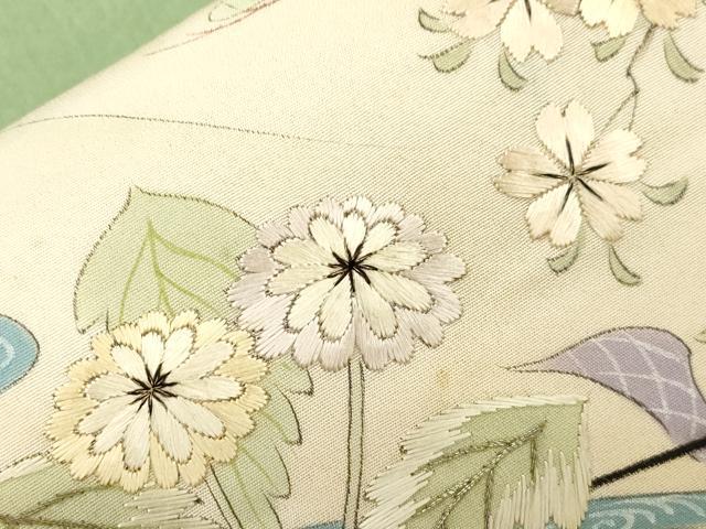 平和屋着物●アンティーク　大正ロマン　丸帯　引き抜き帯　手描き　刺繍　雲取り御所車花文　金銀彩　正絹　逸品　CABJ9356dy