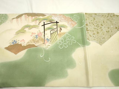 平和屋着物●アンティーク　大正ロマン　丸帯　引き抜き帯　手描き　刺繍　雲取り御所車花文　金銀彩　正絹　逸品　CABJ9356dy