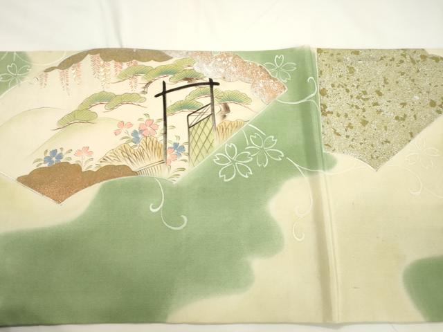 平和屋着物●アンティーク　大正ロマン　丸帯　引き抜き帯　手描き　刺繍　雲取り御所車花文　金銀彩　正絹　逸品　CABJ9356dy