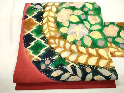 平和屋着物●九寸名古屋帯　辻が花　金彩　鬼しぼ縮緬　正絹　逸品　CABJ9363dy