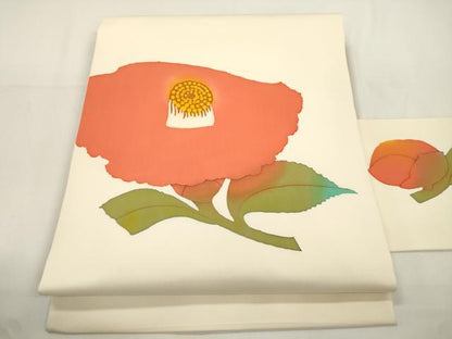 平和屋着物●塩瀬　九寸名古屋帯　作家物　ろうけつ染め　椿　正絹　逸品　CABJ9369dy