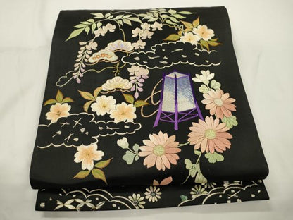 平和屋着物●アンティーク　大正ロマン　太鼓柄　京袋帯　総手刺繍　山乃花　黒地　金糸　正絹　逸品　CABJ9371dy