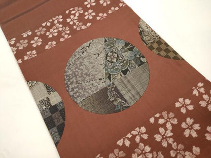 平和屋着物●両面　太鼓柄袋帯　本場大島紬　切嵌　草花丸文　正絹　逸品　CABJ9376dy