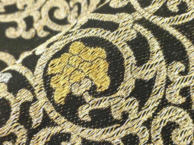 平和屋着物●両面　六通柄袋帯　花唐草文　黒地　金糸　正絹　逸品　CABJ9379dy
