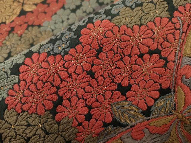 平和屋着物●六通柄袋帯　唐織　花蝶文　黒地　金糸　正絹　逸品　CABJ9397dy