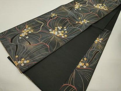 平和屋着物●染色作家　草野一騎　六通柄袋帯　一騎箔　花尽くし文　黒地　金糸　正絹　逸品　CABJ9400dy