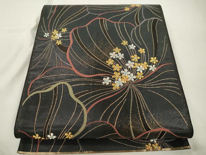 平和屋着物●染色作家　草野一騎　六通柄袋帯　一騎箔　花尽くし文　黒地　金糸　正絹　逸品　CABJ9400dy