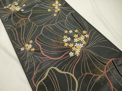 平和屋着物●染色作家　草野一騎　六通柄袋帯　一騎箔　花尽くし文　黒地　金糸　正絹　逸品　CABJ9400dy