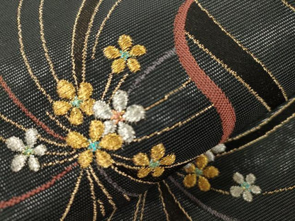 平和屋着物●染色作家　草野一騎　六通柄袋帯　一騎箔　花尽くし文　黒地　金糸　正絹　逸品　CABJ9400dy