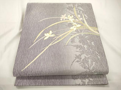 平和屋着物●六通柄袋帯　輝鱗作　綺羅草紙　草花文　金彩　銀通し地　正絹　逸品　CABJ9402dy
