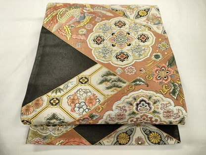 平和屋着物●六通柄袋帯　唐織　更紗松竹梅花鳥文　黒地　金糸　正絹　逸品　CABJ9409dy
