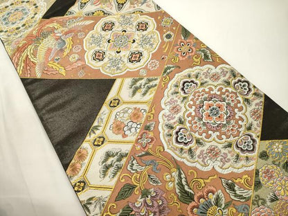 平和屋着物●六通柄袋帯　唐織　更紗松竹梅花鳥文　黒地　金糸　正絹　逸品　CABJ9409dy