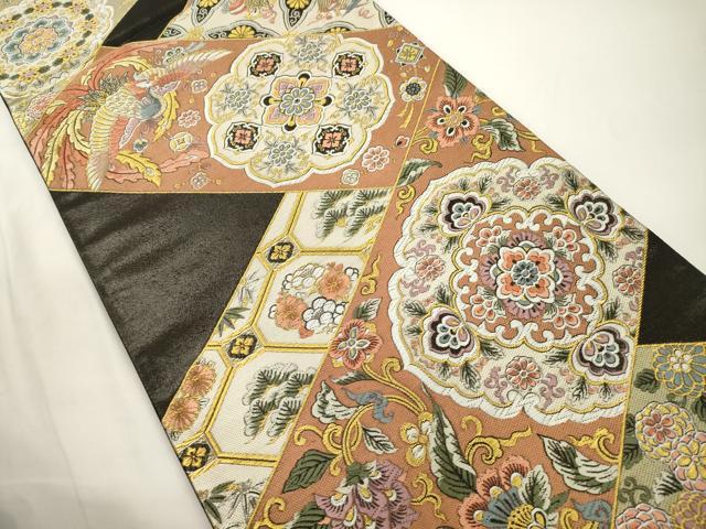 平和屋着物●六通柄袋帯　唐織　更紗松竹梅花鳥文　黒地　金糸　正絹　逸品　CABJ9409dy