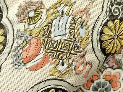 平和屋着物●六通柄袋帯　唐織　更紗松竹梅花鳥文　黒地　金糸　正絹　逸品　CABJ9409dy