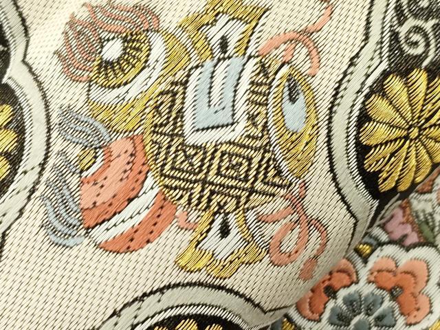 平和屋着物●六通柄袋帯　唐織　更紗松竹梅花鳥文　黒地　金糸　正絹　逸品　CABJ9409dy