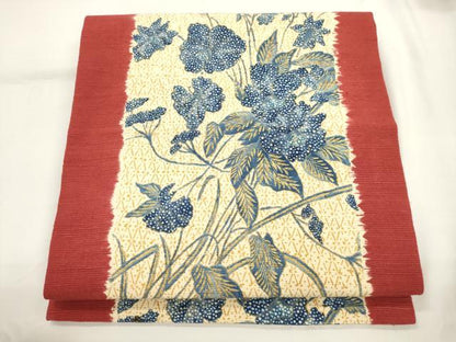平和屋着物●摺型友禅　京都　多ち花　つけ帯　紬地　草花文　金彩　正絹　逸品　CABJ9411dy