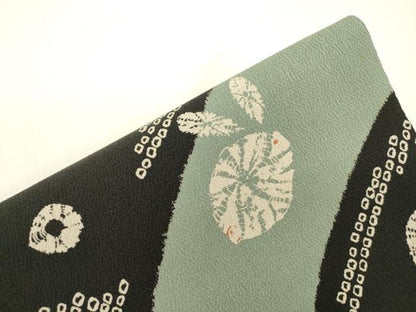 平和屋着物●ワンタッチつけ帯　草花文　黒地　鬼しぼ縮緬　正絹　逸品　CABJ9435dy