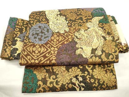 平和屋着物●ワンタッチつけ帯　唐獅子花文　金糸　正絹　逸品　CABJ9438dy