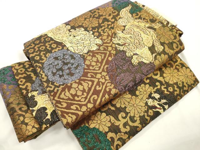 平和屋着物●ワンタッチつけ帯　唐獅子花文　金糸　正絹　逸品　CABJ9438dy