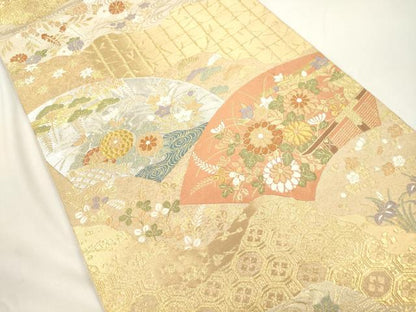 平和屋着物●西陣　服部織物謹製　六通柄袋帯　唐織　地紙流水草花文　金銀糸　正絹　逸品　CABJ9444dy