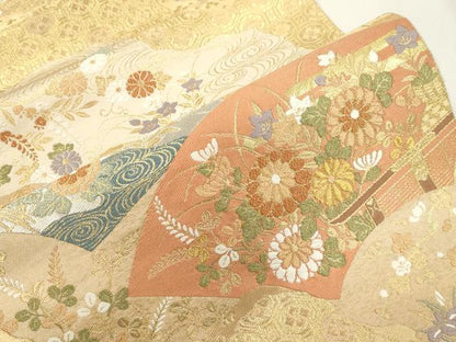 平和屋着物●西陣　服部織物謹製　六通柄袋帯　唐織　地紙流水草花文　金銀糸　正絹　逸品　CABJ9444dy
