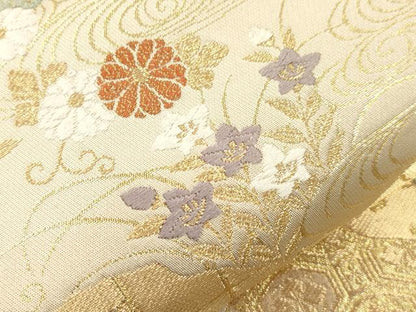 平和屋着物●西陣　服部織物謹製　六通柄袋帯　唐織　地紙流水草花文　金銀糸　正絹　逸品　CABJ9444dy
