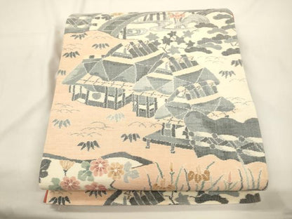 平和屋着物●両面　全通柄袋帯　小千谷紬　風景文　正絹　逸品　CABJ9450dy