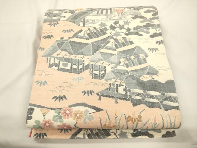 平和屋着物●両面　全通柄袋帯　小千谷紬　風景文　正絹　逸品　CABJ9450dy